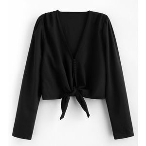 Zaful black long sleeve tie front top
